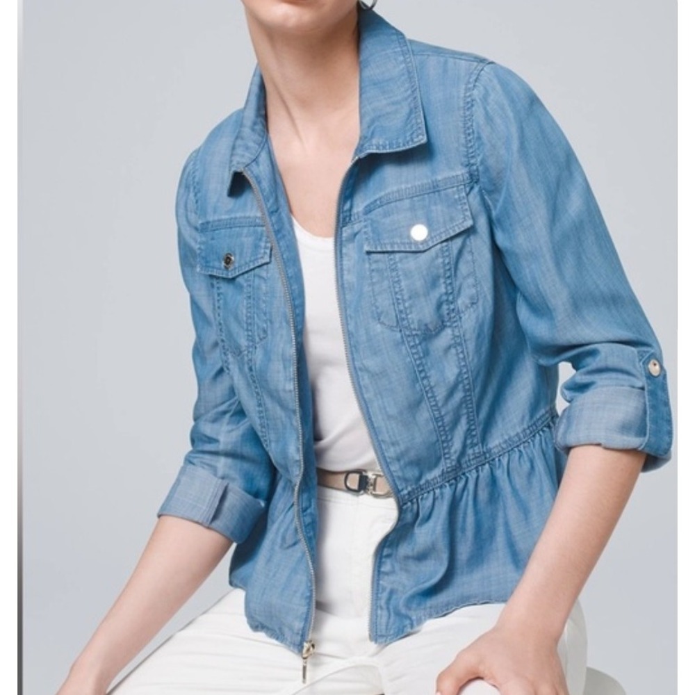 WHBM Peplum Zip Front Shacket Women XL Blue Chambray Denim Utility Fall Jacket